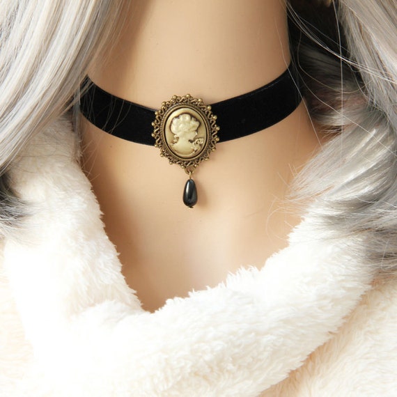 Victorian Cameo Black Velvet Lace Choker, Cameo Necklace by FairybyFoxie steampunk buy now online