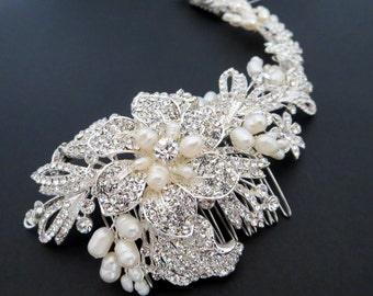 Bridal headpiece, Bridal hair vine, Pearl Wedding headpiece, Large Bridal hair comb Rhinestone headpiece Pearl hair comb Statement headpiece
