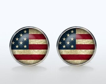 American flag cufflinks Silver plated USA flag Cuff links men and women Accessories Antique Vintage national symbolic white red blue