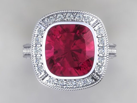 Ruby Engagement Ring 18kt WHITE GOLD Cushion Cut Pigeon Blood