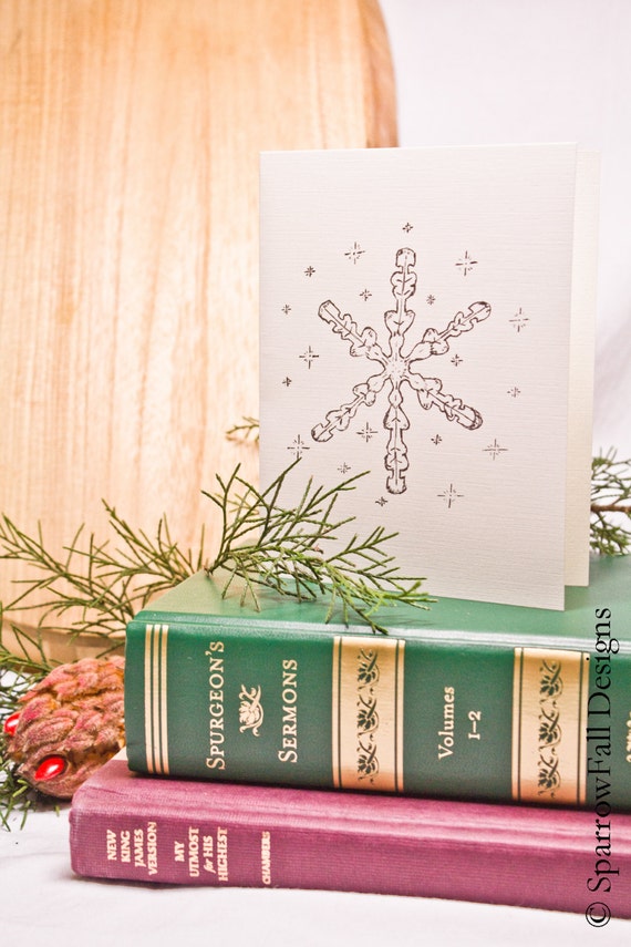 Set of Six Snowflake Card Set -  Winter Christmas Note Card - Blank Linen Paper Note Cards with Linen Envelopes