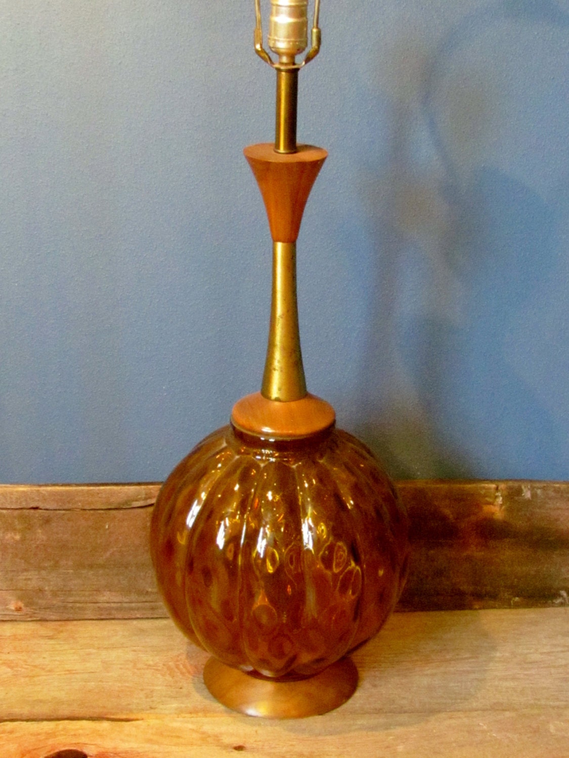 Vintage 1960's Orange Crackle Glass Lamp with Teak Accents
