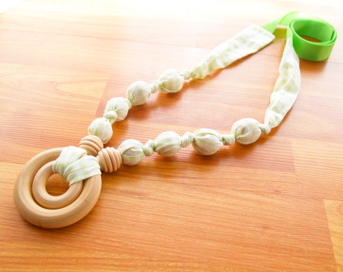 Breastfeeding Nursing Necklace, Teething Necklace, Babywearing Necklace, Fabric Necklace - Double Ring - Light Green Checkered