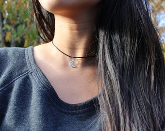 Tiny Moon Choker silver crescent moon choker gift for women cord necklace