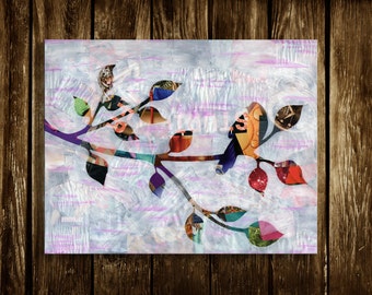 Bird wall hanging, bird decorations, Bohemian decor, Whimsical Prints, whimsical designs, Mixed Media collage art, Whimsical animal art