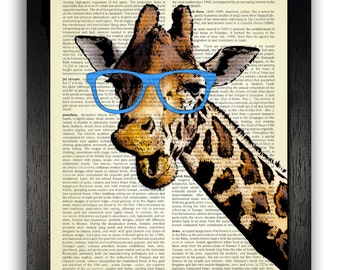 Wall Art, Giraffe in Geeky Blue Glasses Hipster Decor, Funny Gift Men Boys, Dictionary Print, Giraffe Poster, Illustration Print Home Art