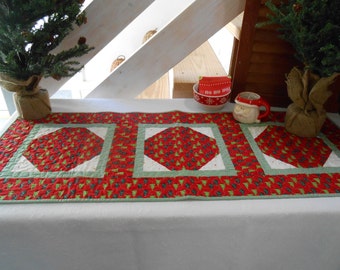 Quilted Christmas Table Runner, Winter Table Runner, Red Green Table Mat, Christmas Table Topper, Christmas Trees, Item #280