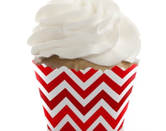 Chevron Red Cupcake Wrappers - Baby Shower Cupcake Decorations - Birthday Party Cupcake Supplies - Set of 12 Bridal Shower Cupcake Liners