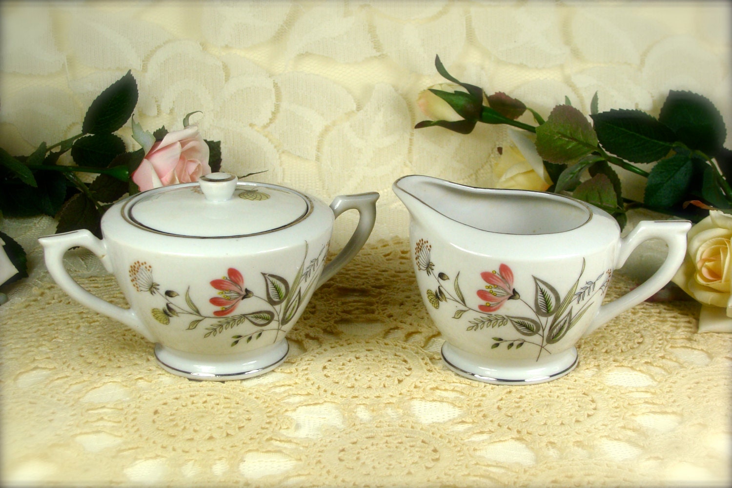 Pretty Pink Flowers Hand Painted Porcelain Small Sugar Bowl with