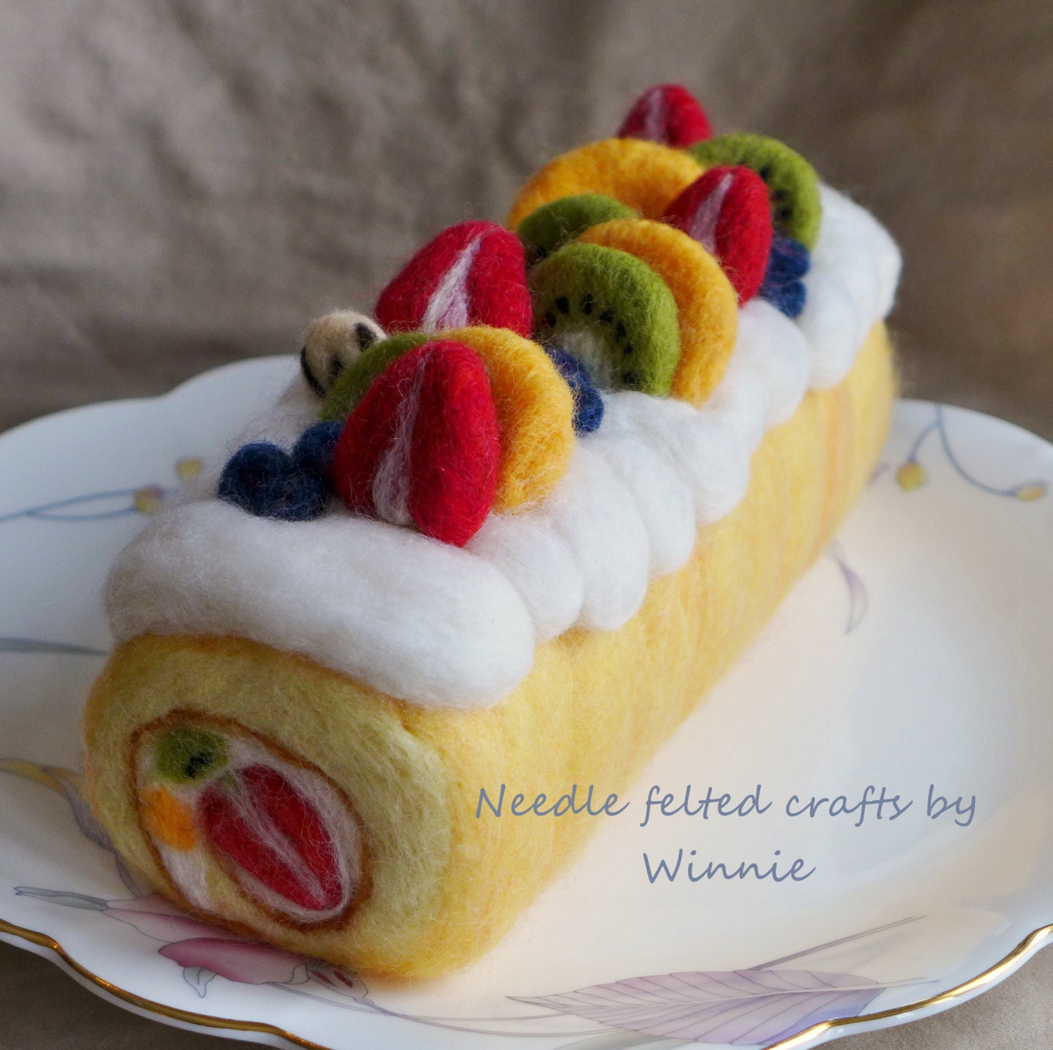 Needle felted fresh fruit roll cake