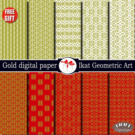 Gold digital paper geometric art red and white Gold damask fabric Gold decor game of thrones digital scrapbook Gold Ikat clip art print diy