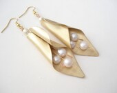 Unique Handmade Earrings-Matte faced Gold Bronze Earrings-Gold Leaf-Fresh Water Pearls-Long Dangle Earrings-Contemporary Bridal Earrings