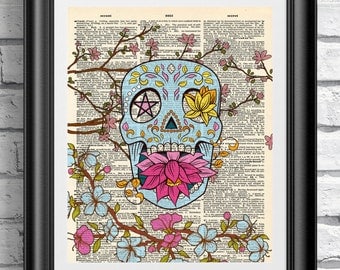dictionary book page print tattoo new school style sugar skull and cherry blossom artwork - Prints On Old Book Pages dictionary book page print tattoo new school style sugar skull and cherry blossom artwork - Prints On Old Book Pages