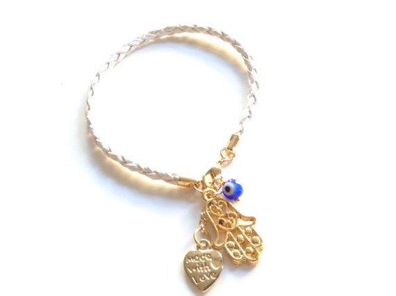 White leather gold Hamsa Charm Bracelet, Kabbalah bracelet, Lucky ...