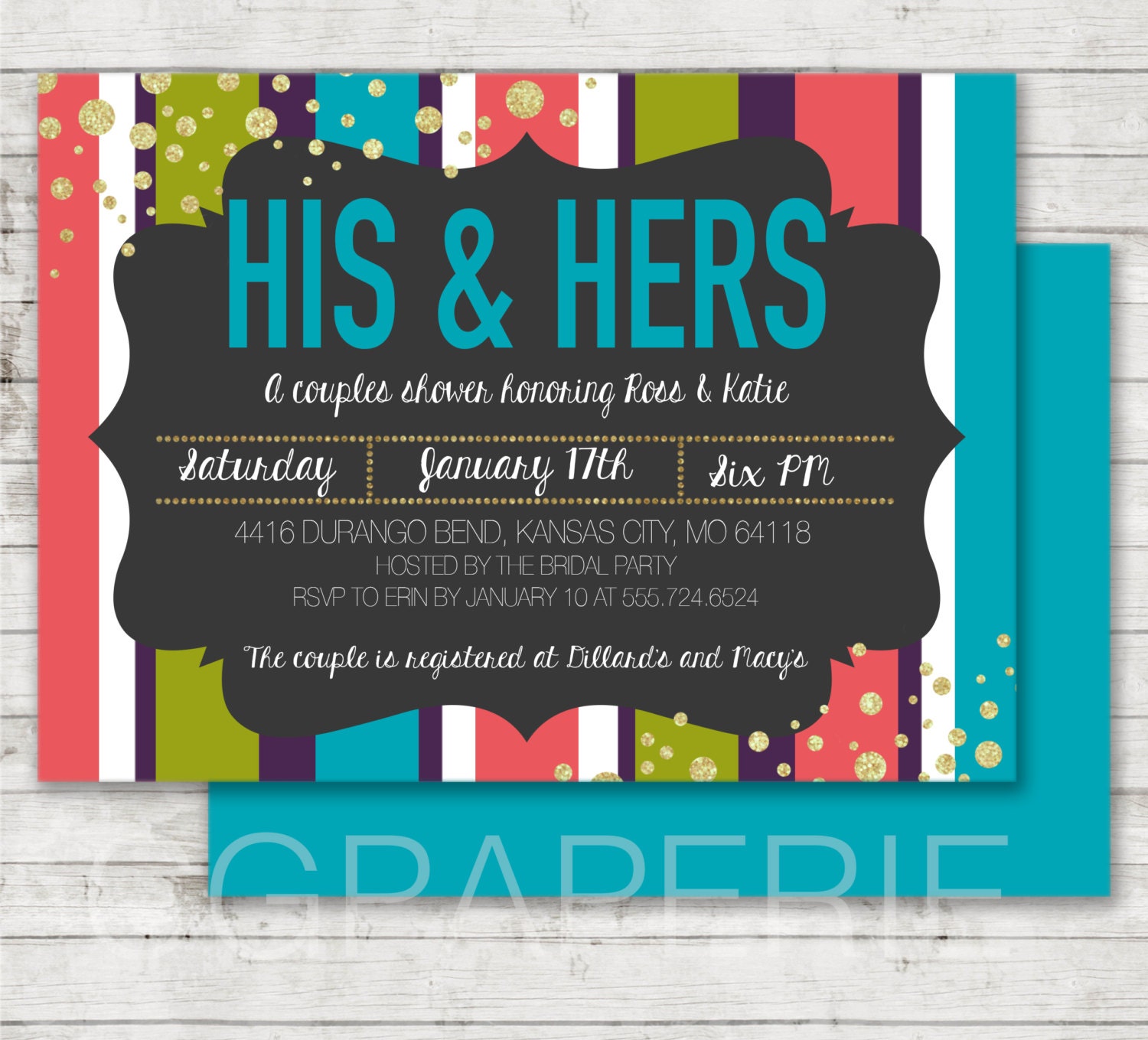His And Hers Couples Shower Party Invitation Glitter And Stripes