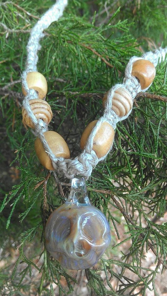 Heady Hand Blown Skull Glass Pendant Hemp Necklace with Wood Bead Accents