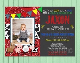 Farm Birthday Invite Chalkboard // Boy Birthday Invitation // Custom Invite // Bandana // Denim // Farmer // Animals // Farm Theme // Cow