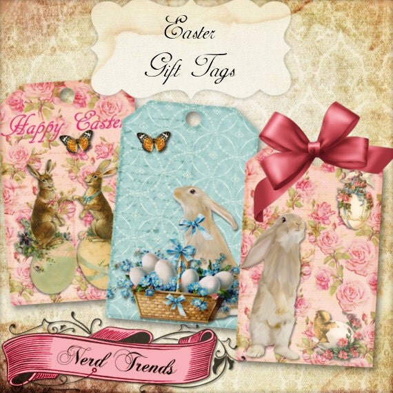 Vintage Easter Gift Tags, Digital Collage Sheet, Spring Tags, Sweet