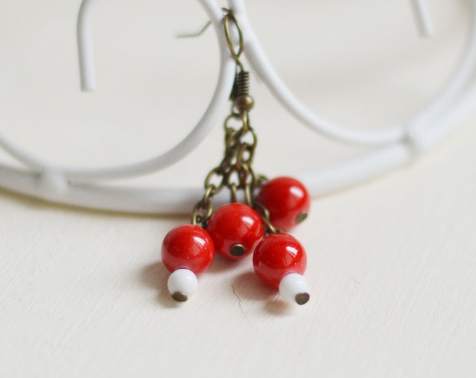 SALE! Earrings metal brass with beads of stone, coral and agate // Merry Christmas