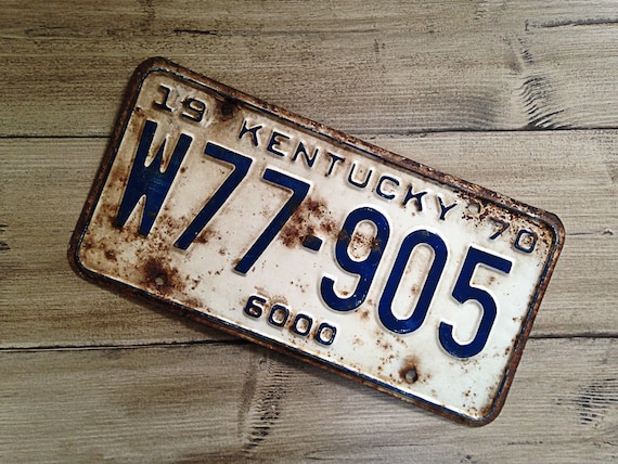 Vintage Kentucky License Plate 1970 White Blue Brown Rusty