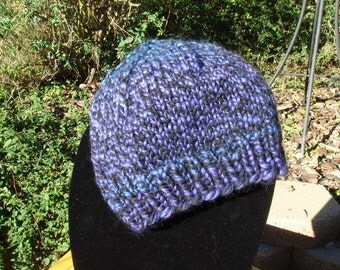 Knit Hat, Purple Blue Black, Slouchy Style, Men, Women or Teen, Boy, Girl 20" Around before stretch