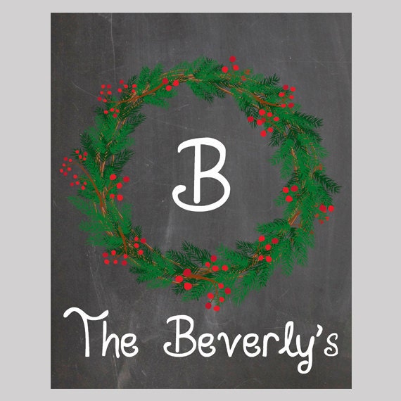 DIY Custom Christmas Wall art Holiday Wreath Monogram Printable - 8x10