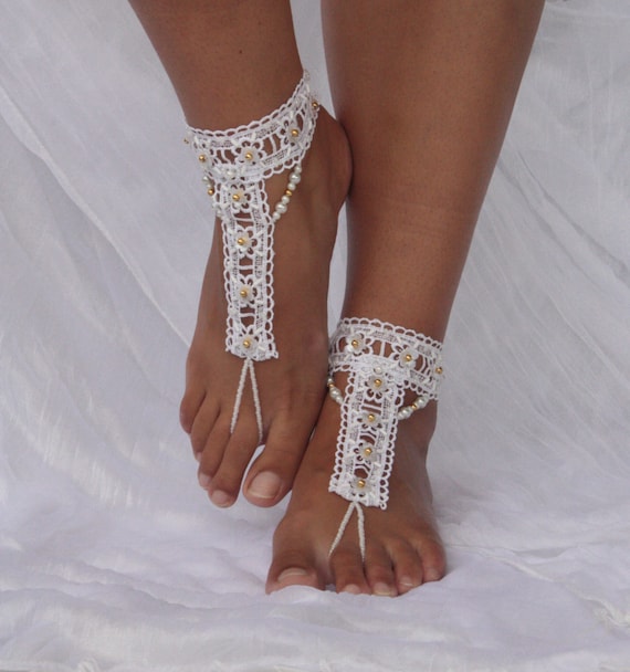 Bridal lace barefoot sandals, Wedding lace anklets sewn with beads ...