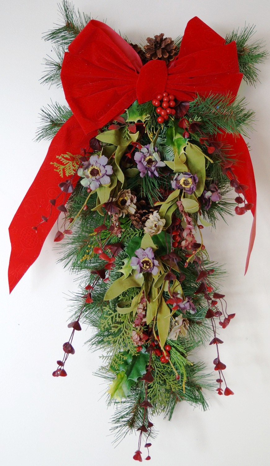 Christmas Wreath, Holiday Flowers Wreath, Christmas Swag,primitive Rustic Winter Swag with red velevt Bow