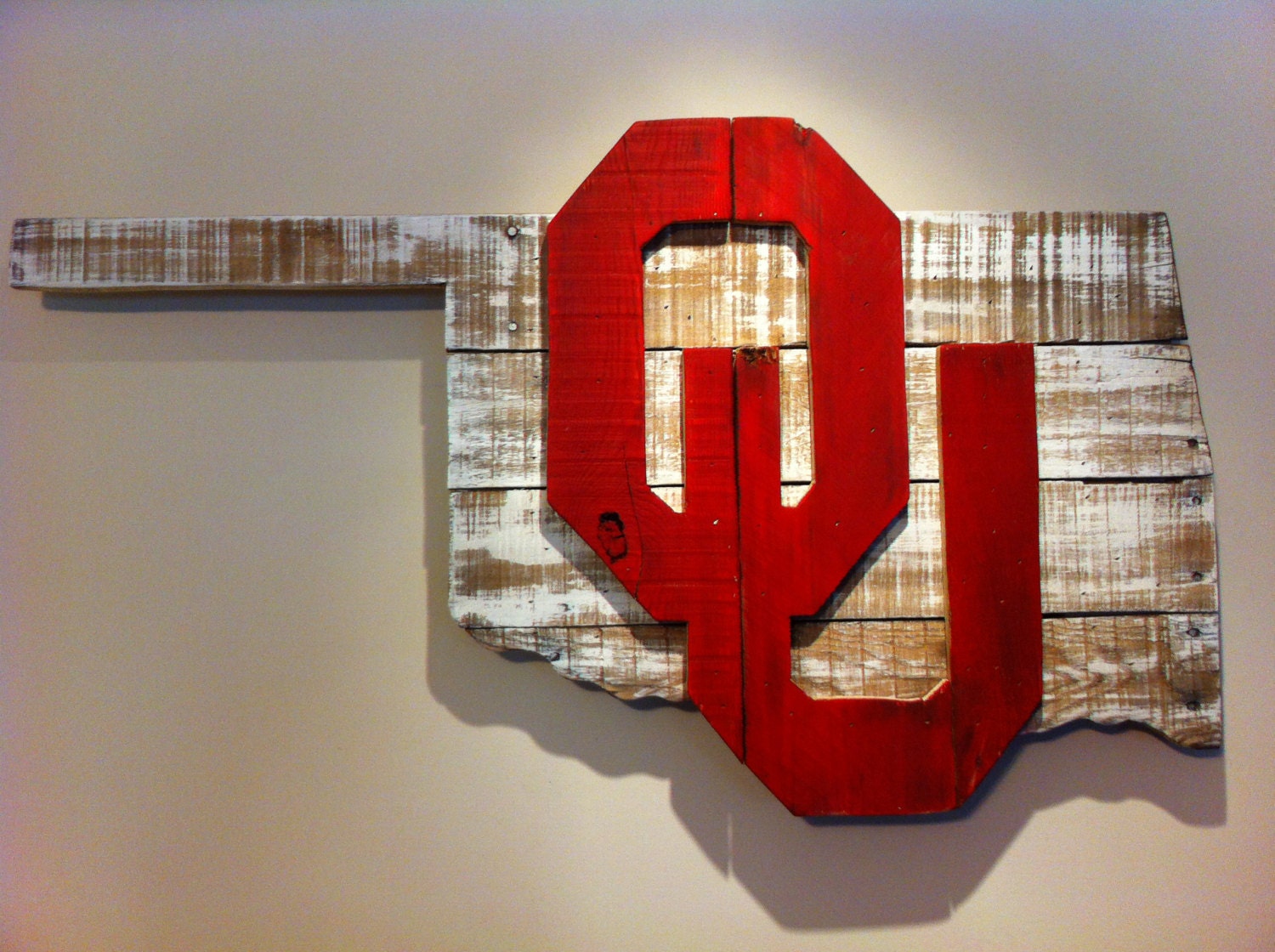 Wooden State of Oklahoma with OU logo