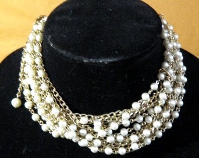 Storewide 25% Off SALE Vintage White Faux Pearl Endless Beaded & Stranded Designer Adjustable Bib Necklace Featuring Beautiful Gold Tone Acc