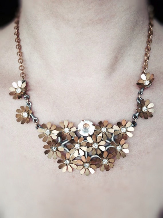 Vintage Gold Flower and Rhinestone Bib Necklace by AlicesBee