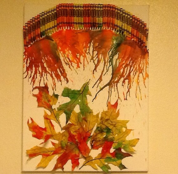 Melted crayon art with leaves and fall colors
