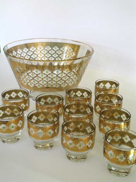 Vintage Culver Glass Punch Bowl Set Valencia by PrairiePicker