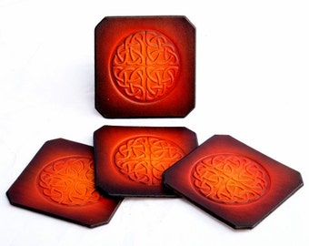 Celtic Knot Coasters. Handmade Leather Coasters. Coasters Set of 4. 4 Celtic Knot Coasters. Leather Celtic Knot Coasters by Leather Meister.
