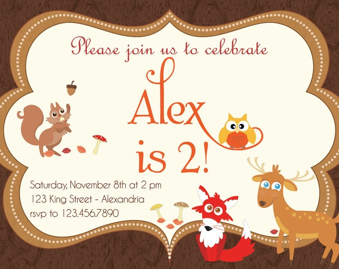 Woodland invitation. Birthday woodland invite. Printable forest invitation. Woodland,fox, deer, squirrel invite. Boys, girls birthday invite