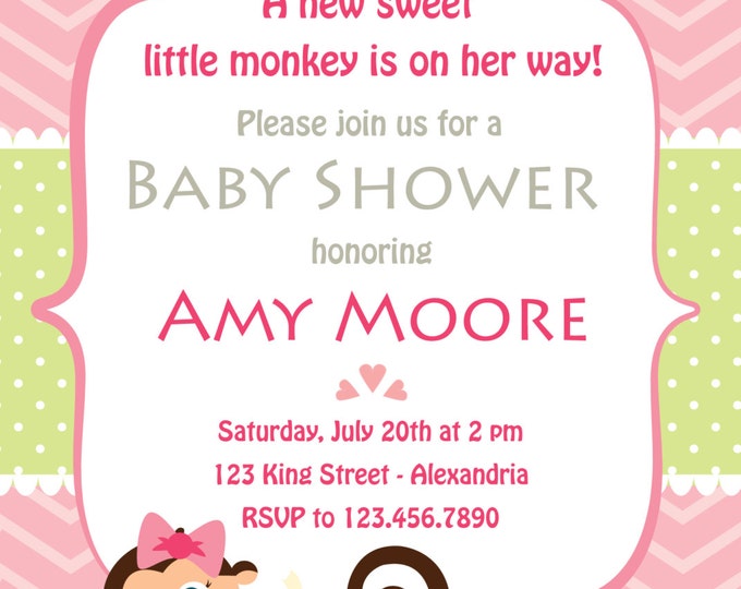 Baby Shower Invitation. Baby girl. Baby boy. Chevron style babyshower invitation. Monkey babyshower. Printable