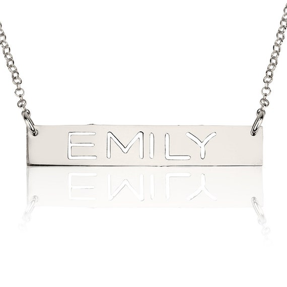 Personalized White Gold Bar Necklace ,Custom Name Plate Necklace , Cut ...
