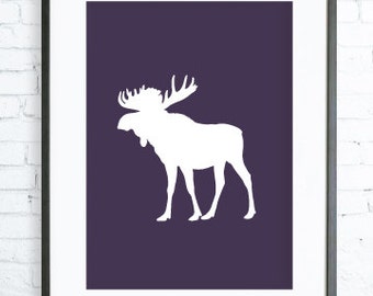 Dark Purple Moose print Art, Instant Download Printable, Christmas printable art, Print Art, Moose Wall Decor, Moose Art Print
