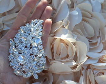 Jeannette's Large Silver Rhinestone Leaf Brooch. Oversized and Mezmorizingly Beautiful