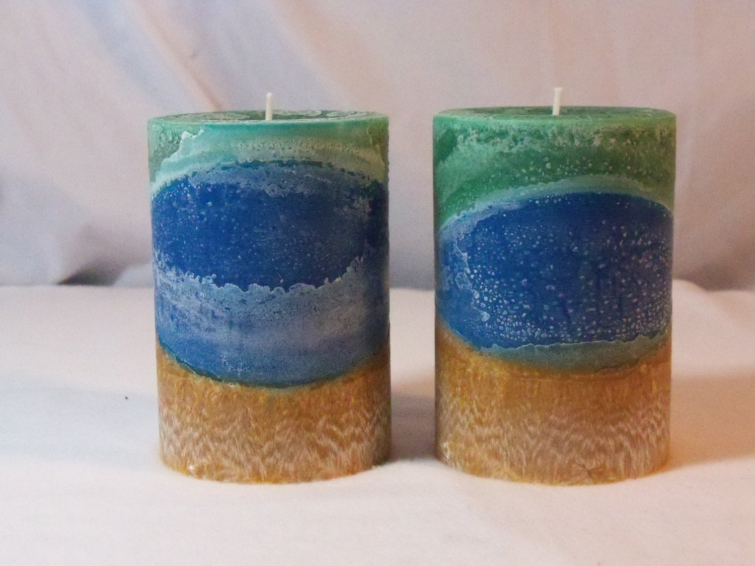 2 Pillar Candle Set Palm Wax 3 colored Green Blue by LightSations