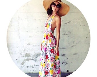1970's Patty Woodard Long Colorful Floral Back-Less Dress