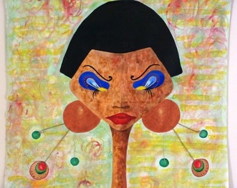 Original modern African art, mixed media, scroll-style, mounted on bamboo dowels