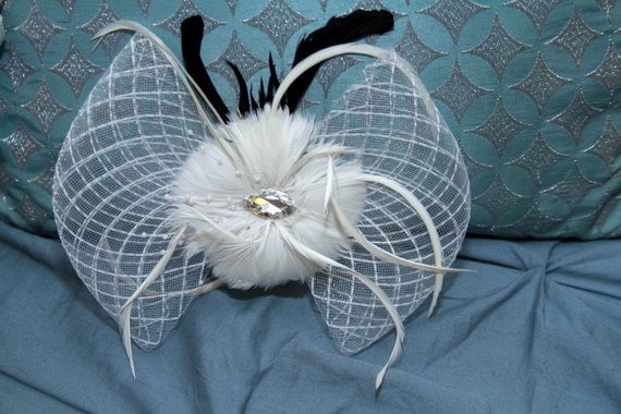 Genevieve One of a Kind Fascinator White Mesh and Feathers FREE shipping in US