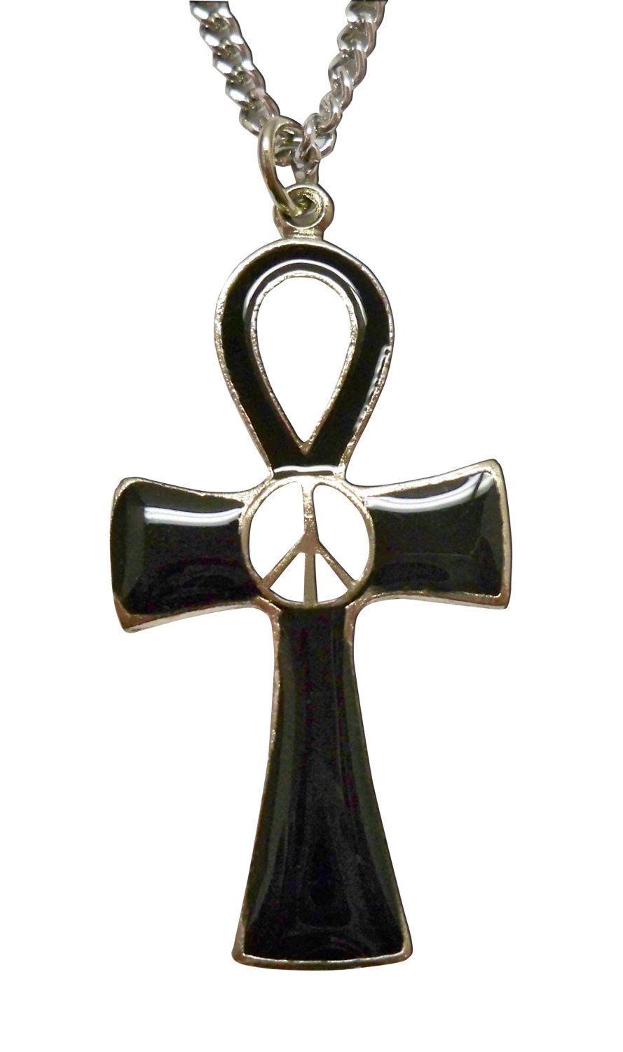 Ankh Cross with Open Peace Sign Hand Painted Black Pendant