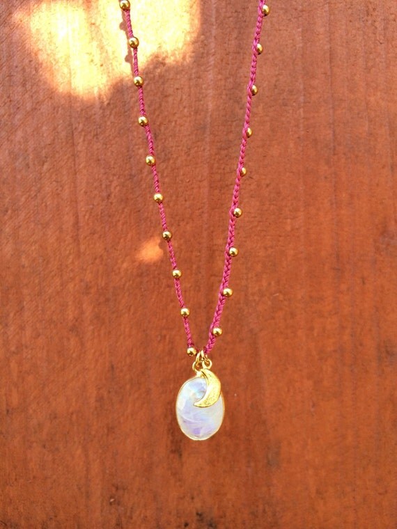 Moonstone and Gold Half Moon Charm Necklace Faded by WildSolstice