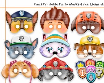 Unique Paw Patrol Printable Masks+Free Elements, birthday, paper mask, party costume, photo props, dog, puppy, kids dress up mask