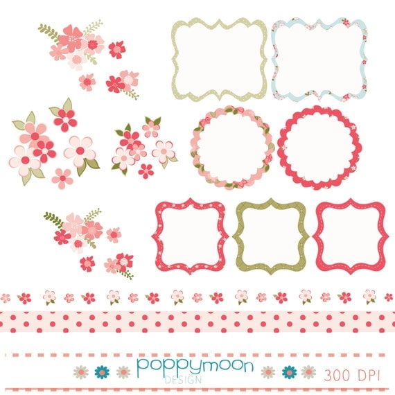 Shabby chic style frames borders and flowers digital clip