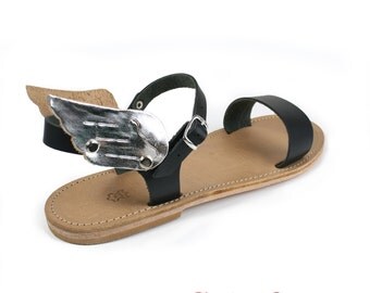 Sandals with wings, black leather sandals for men with Mercury Hermes ...
