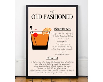 Old Fashioned Print, Printable wall art decor poster, kitchen art, bar art, INSTANT DOWNLOAD, cocktail collection. Art for home