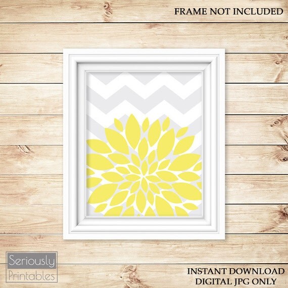 Yellow Flower Burst Wall Art Gray Chevron Bathroom Bedroom